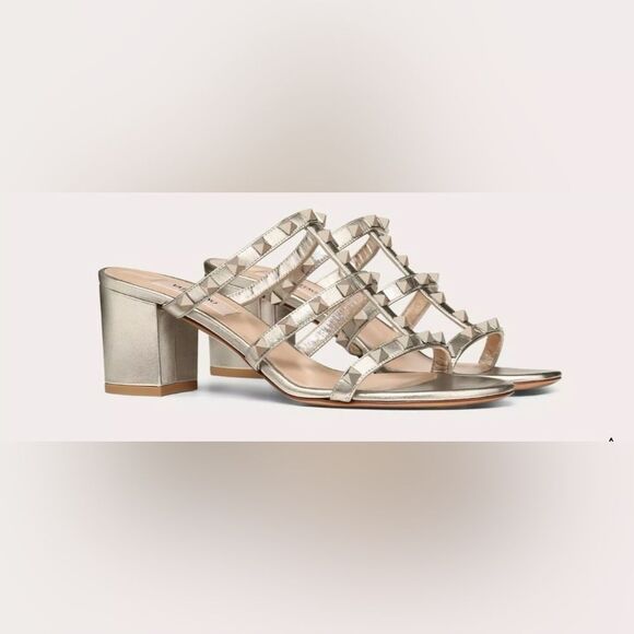 Valentino ROCKSTUD heels METALLIC shoes CALFSKIN LEATHER SLIDE SANDAL logo - Picture 1 of 12